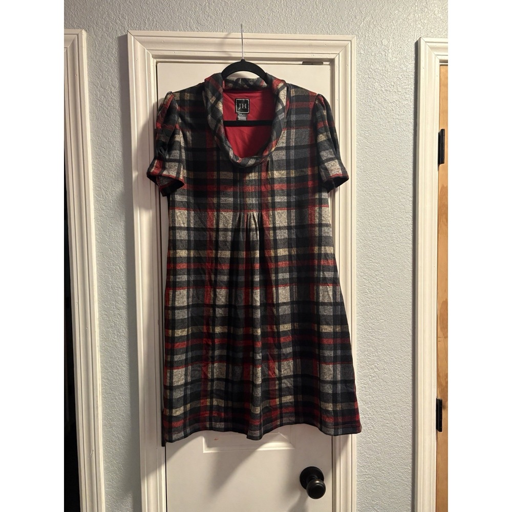 JH Collectibles Plaid Dress Womens Large Red Grey Cowl Neck Puff Sleeve Shift